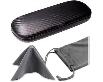 Slim Black Carbon Fiber Eyeglass Case with Pouch & Cloth for Men's Readers