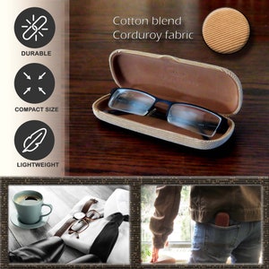 MyEyeglassCase Hard eye glass case | Slim glasses case hard shell w/ Pouch and Cloth | Reading Hard Glasses Case (S5 Corduroy Beige) image 5