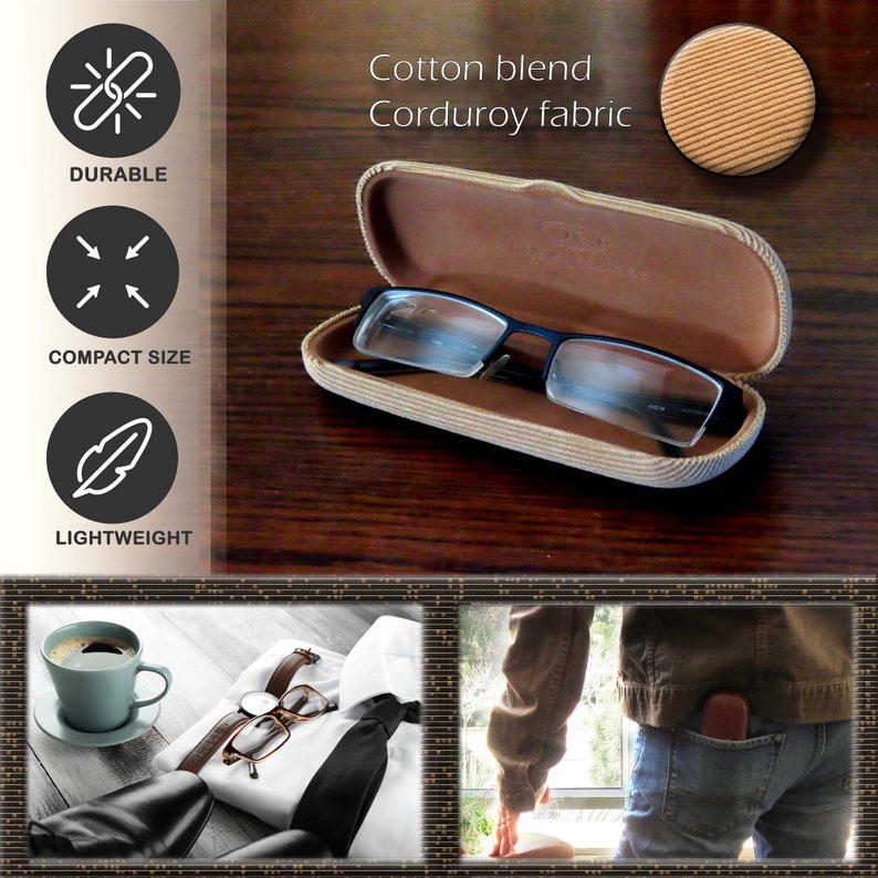 MyEyeglassCase Hard eye glass case | Slim glasses case hard shell w/ Pouch and Cloth | Reading Hard Glasses Case (S5 Corduroy Beige) image 5