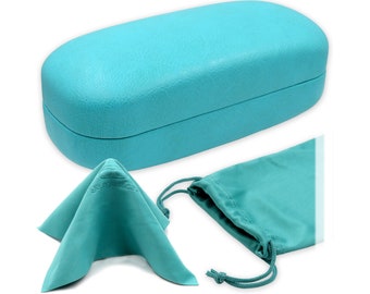 MyEyeglassCase EXTRA Large Smooth Turquoise Sunglasses Case | Hard Shell Glasses Case with Drawstring Pouch and Cloth (AS505 TEAL)