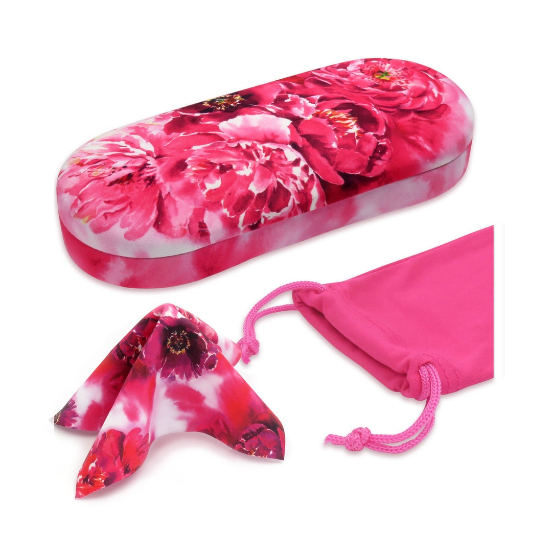 Pink Glass Case Floral Eyeglass Case: Pink Peonies Print, Microfiber Pouch & Cloth ...