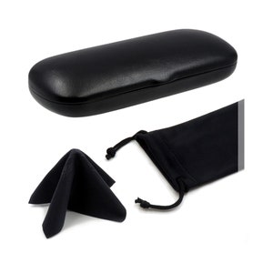 May include: A black leather glasses case with a black microfiber cleaning cloth and a black drawstring pouch.