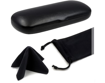 Small Hard Eyeglass Case: Slim Black Readers Case with Pouch & Cloth