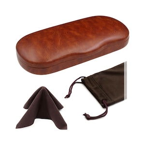 May include: A brown leather glasses case with a brown microfiber cleaning cloth and a brown drawstring pouch.