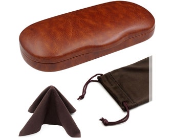 Brown Hard Eyeglass Case: Small-Medium Frames, Pouch & Cloth