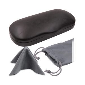 May include: A black hard-shell case for glasses with a gray microfiber cleaning cloth and a gray drawstring pouch.
