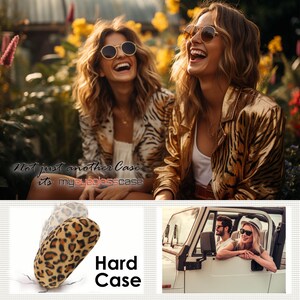 May include: Two women wearing sunglasses and leopard print jackets are laughing. The text "Not just another case, it's myeyeglasscase" is visible. A close-up of a leopard print hard case for sunglasses is shown. The text "Hard Case" is visible.
