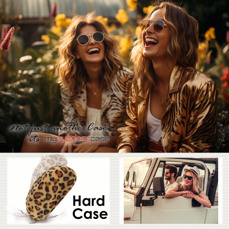 May include: Two women wearing sunglasses and leopard print jackets are laughing. The text "Not just another case, it's myeyeglasscase" is visible. A close-up of a leopard print hard case for sunglasses is shown. The text "Hard Case" is visible.
