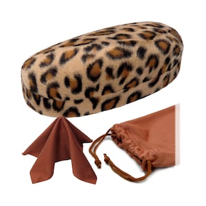 May include: A leopard print glasses case with a brown microfiber cleaning cloth and a brown drawstring pouch.