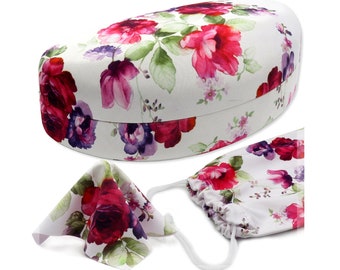 MyEyeglassCase Floral Hard Sunglasses Case with Pouch and Cloth by Rachel Rowberry Large to Extra Large Frames (AS179 Cranberry Rose)