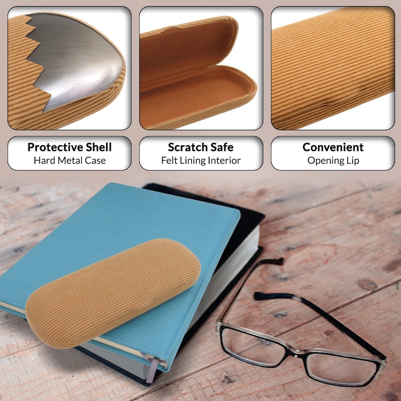 MyEyeglassCase Hard eye glass case | Slim glasses case hard shell w/ Pouch and Cloth | Reading Hard Glasses Case (S5 Corduroy Beige) image 3