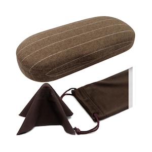 Men glasses case in a Tweed Brown elegant Fabric w/ pouch and cloth - Chic eyeglass case holder for small - medium frame (AS196 Brown Tweed)