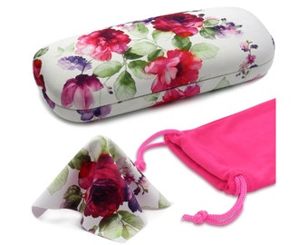Women Eyeglass case | Glasses case holder for Medium Frames in Floral watercolor print by Rachel Rowberry w/ Pouch & cloth (AS126 Cranberry)