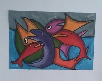 Togetherness: Home wall décor, Colorful wall décor, Office wall hanging, Fish wall décor, Bedroom wall art, Home wall décor, Oil on paper.