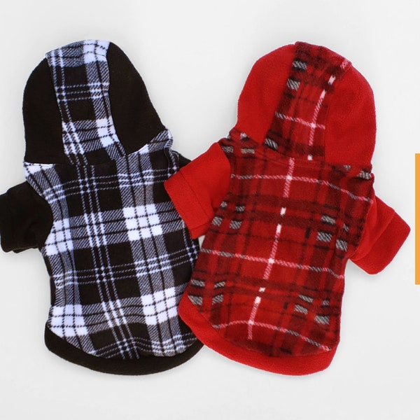 Plaid Fleece Small Dog Cat Jacket Hoodie Sweater, Small, Medium, Large, Small Dog clothes, Dog hoodies, Pet clothes, gift for puppies