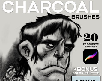 Pode incluir: Um conjunto de 20 pincéis de carvão Procreate para arte digital, com uma ilustração em preto e branco do rosto de um homem. O conjunto também inclui uma paleta de cores bônus com 30 amostras.