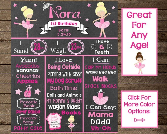 Size 16x20 inches First Birthday Chalkboard Sign Ballerina Girl Birthday Chalkboard Printable Chalkboard Sign SKU CBI44