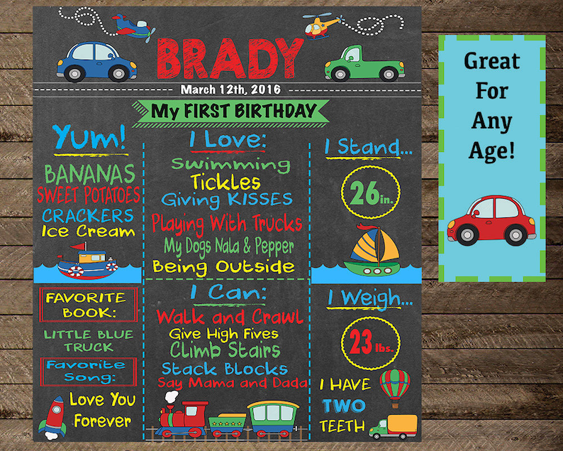 Boy/'s Birthday Chalkboard Sign Transportation Theme Birthday First Birthday trains Boy/'s Transportation Birthday cars boats Trucks