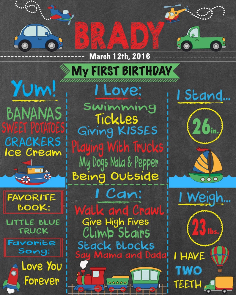 Boy/'s Birthday Chalkboard Sign Transportation Theme Birthday First Birthday trains Boy/'s Transportation Birthday cars boats Trucks