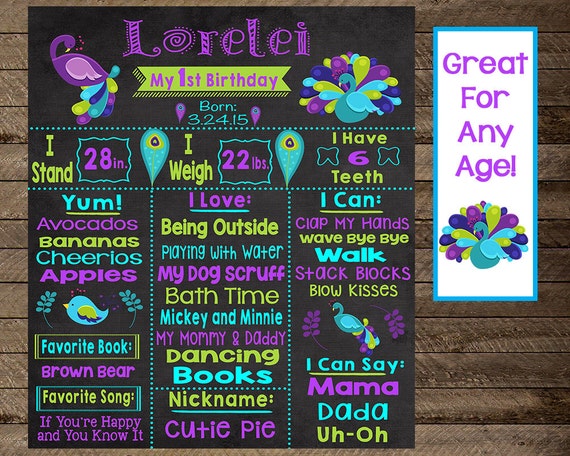 Girl S First Birthday Chalkboard Poster Peacock Birthday Etsy