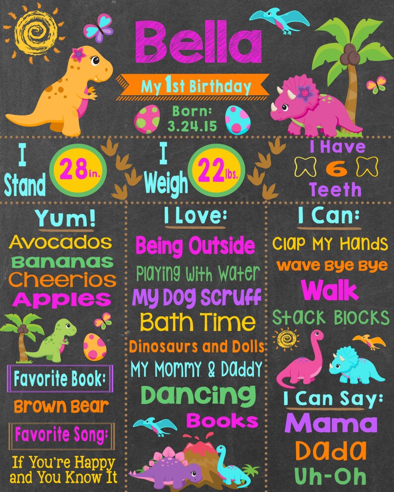 First Birthday Chalkboard First Birthday Dinosaur Girl's Etsy