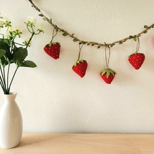 Strawberry Garland - plush strawberry decor - strawberry ornament - strawberry wall hanging -cottagecore nature whimsical garden fruit decor