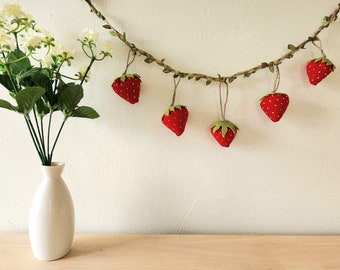Strawberry Garland - plush strawberry decor - strawberry ornament - strawberry wall hanging -cottagecore nature whimsical garden fruit decor