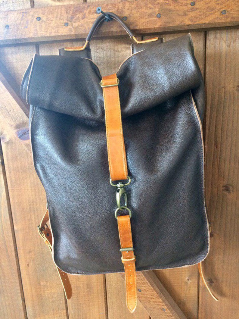 Leather Roll Top Backpack Full Grain Leather Bag Carry on Baggage Travel Backpack