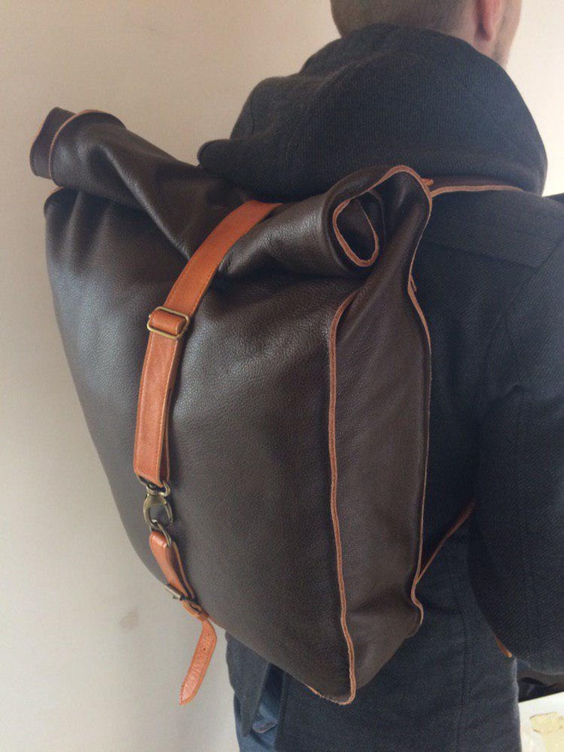 Leather Roll Top Backpack Full Grain Leather Bag Carry on Baggage Travel Backpack