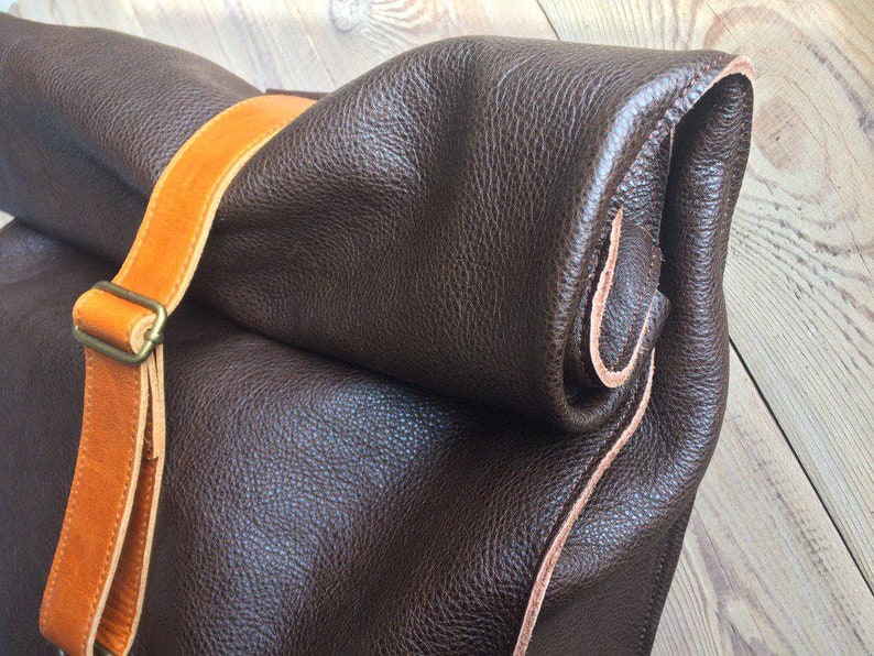 Leather Roll Top Backpack Full Grain Leather Bag Carry on Baggage Travel Backpack