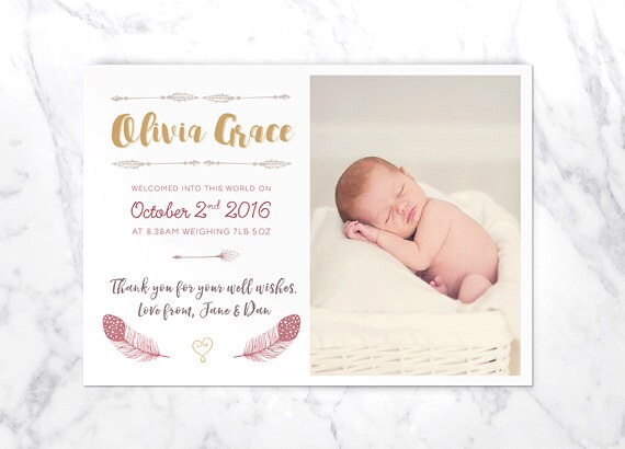 Baby Thank You Postcard Birth Announcement Card Baby Girl