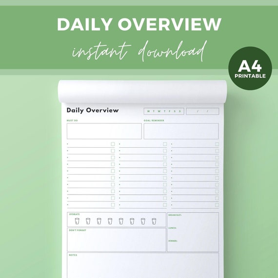 Printable A4 Daily Overview Planner Green LL04 - Etsy