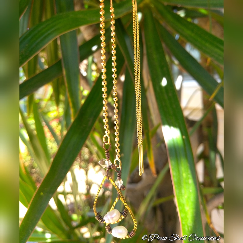 Pearl /& Herkimer Diamond Teardrop Chain Threader Earrings Faceted Brass Extra Long Threaders Minimalist Made in Hawaii Pono Shell Creations