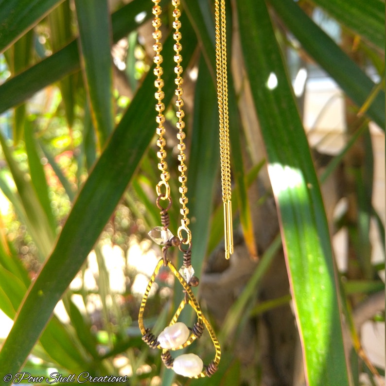 Pearl /& Herkimer Diamond Teardrop Chain Threader Earrings Faceted Brass Extra Long Threaders Minimalist Made in Hawaii Pono Shell Creations