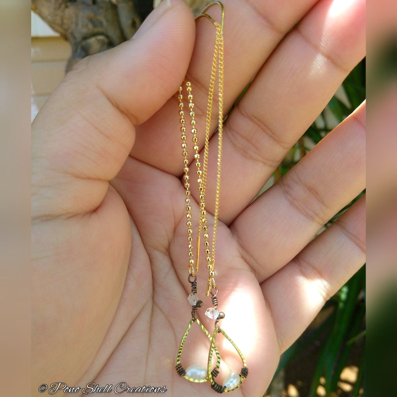 Pearl /& Herkimer Diamond Teardrop Chain Threader Earrings Faceted Brass Extra Long Threaders Minimalist Made in Hawaii Pono Shell Creations