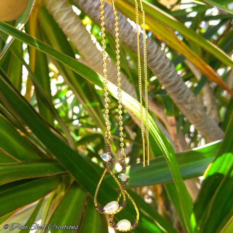 Pearl /& Herkimer Diamond Teardrop Chain Threader Earrings Faceted Brass Extra Long Threaders Minimalist Made in Hawaii Pono Shell Creations