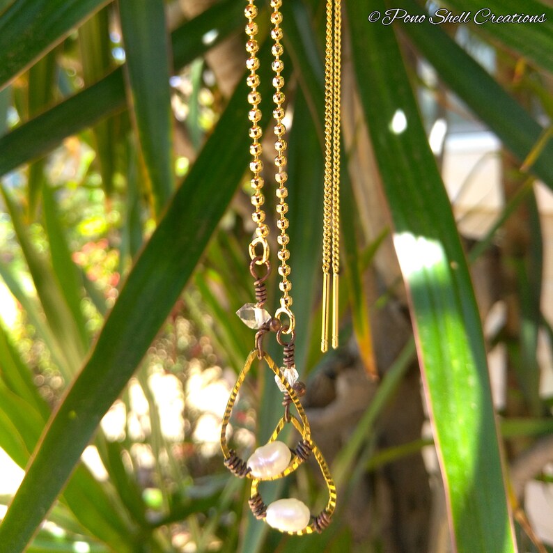 Pearl /& Herkimer Diamond Teardrop Chain Threader Earrings Faceted Brass Extra Long Threaders Minimalist Made in Hawaii Pono Shell Creations
