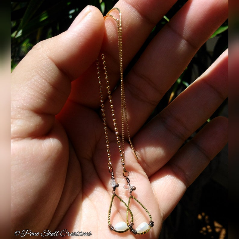 Pearl /& Herkimer Diamond Teardrop Chain Threader Earrings Faceted Brass Extra Long Threaders Minimalist Made in Hawaii Pono Shell Creations