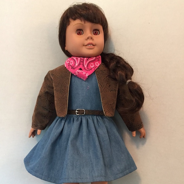 Denim Doll Dress, Pink Kerchief, Faux Leather Jacket, Faux Leather Belt, Authentic Buckle, Handmade for Dolls, 3 Piece Outfit, Western Style