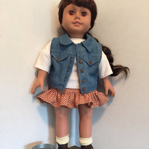 18 Inch Doll Outfit, Harajuku Skirt, Tee Shirt, Authentic Denim Vest, Topstitching, Three Piece Outfit, Birthday Gift