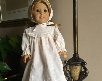 Doll Clothes, 18 Inch Doll Nightie, WhosThatDoll, Old Fashioned, Nightie and Bonnet, Eyelet Fabric, Lace Trim, Off White, Quaint Bonnet,