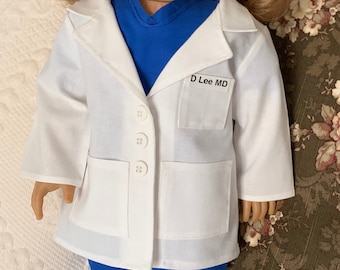 Lab Coat and Scrubs, For 18 Inch Dolls, Doctors Coat, 3 Piece Outfit, Free Personalization, For Boys or Girls, Birthday Gift, Handmade