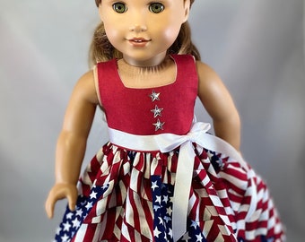 4th of July Doll Dress Fits 18 Inch Dolls Extra Full Skirt Star Shaped Buttons Lined Bodice Finished Seams Gift for Girls 18 Inches Handmade