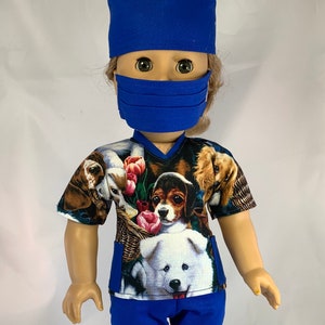 Doll Medical Scrubs, Veterinarian Scrubs, For Dolls, Adorable Dogs, 4 Piece Outfit, Mask, Cap Included, Doll Uniform, Scrubs for Dolls