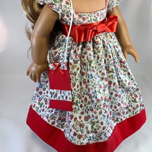 Strawberry Festival, Doll Dress, Fits 18 Inch Dolls, Satin Bow Belt, Hair Bow, Ruffled Cap Sleeve, Matching Purse, Gift for Girls, Birthday