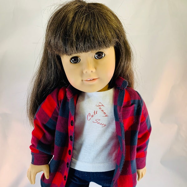 Buffalo Plaid Shirt, Denim Leggings, Graphic Tee, Customized Tee, 3 Piece Outfit, 18 Inch Doll Outfit, Birthday Party Gift, Report Card Gift