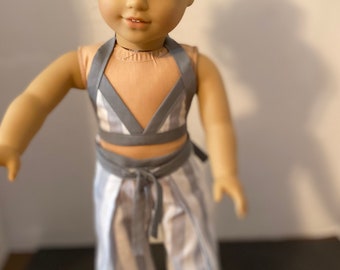 Wrap Doll Pants, Bikini Top, Unique Wrapping Pants, Fits 18 Inch Doll, Stylish Doll Clothes, Soft Gray and White, Party Outfit, Beach Ware,