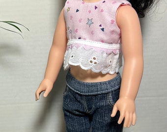 Crop Top, lo rise jeans, fits 15 inch doll, girly girl outfit, awsome fit jeans, mix and match, versatile outfit, pink top with lace
