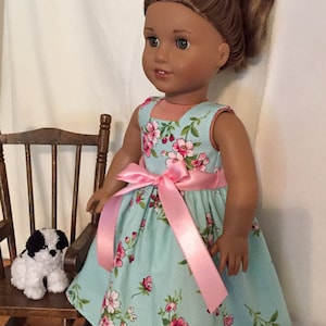 Cherry Blossom Dress, 18 Inch Dress, Feminine Doll Dress, Aqua and Pink, Satin Belt, Birthday Gift, Easter Gift, Beautiful Doll Dress,
