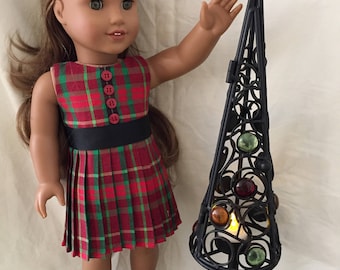 Christmas Dress, For 18" Dolls, Pleated Skirt, Black Belt, Birthday Gift, Red and Green, Doll Gift, Gift for Girls